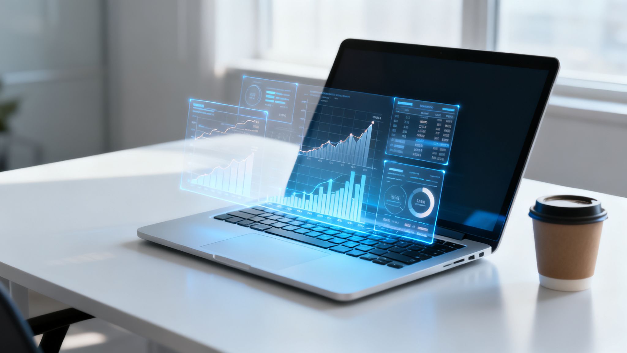 白い机の上に置かれたノートパソコンには、データやグラフ、ビジネス指標のホログラムが表示されており、その横にはコーヒーカップが置かれている。