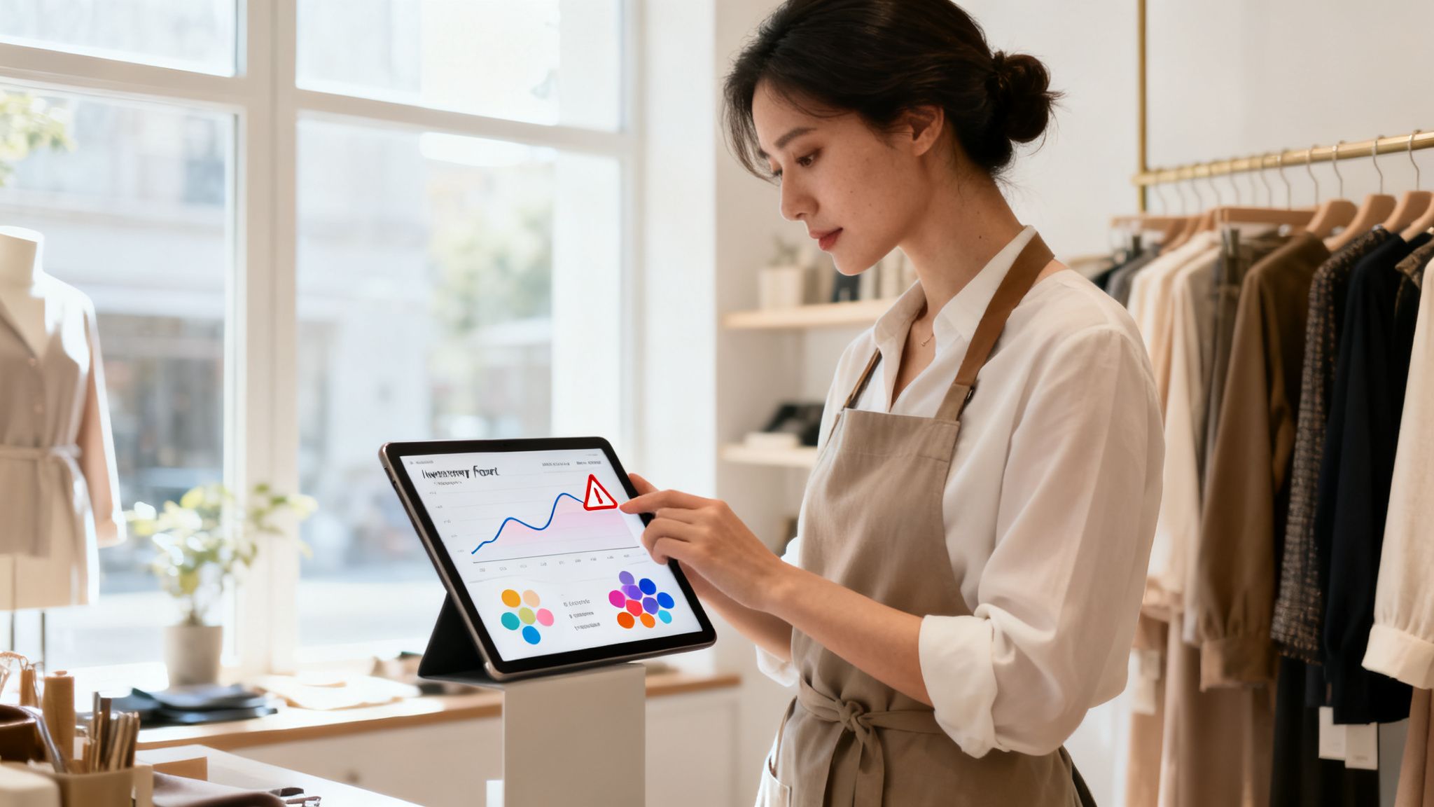 Kobieta w sklepie odzieżowym uważnie przegląda tablet z wykresem danych i komunikatem.