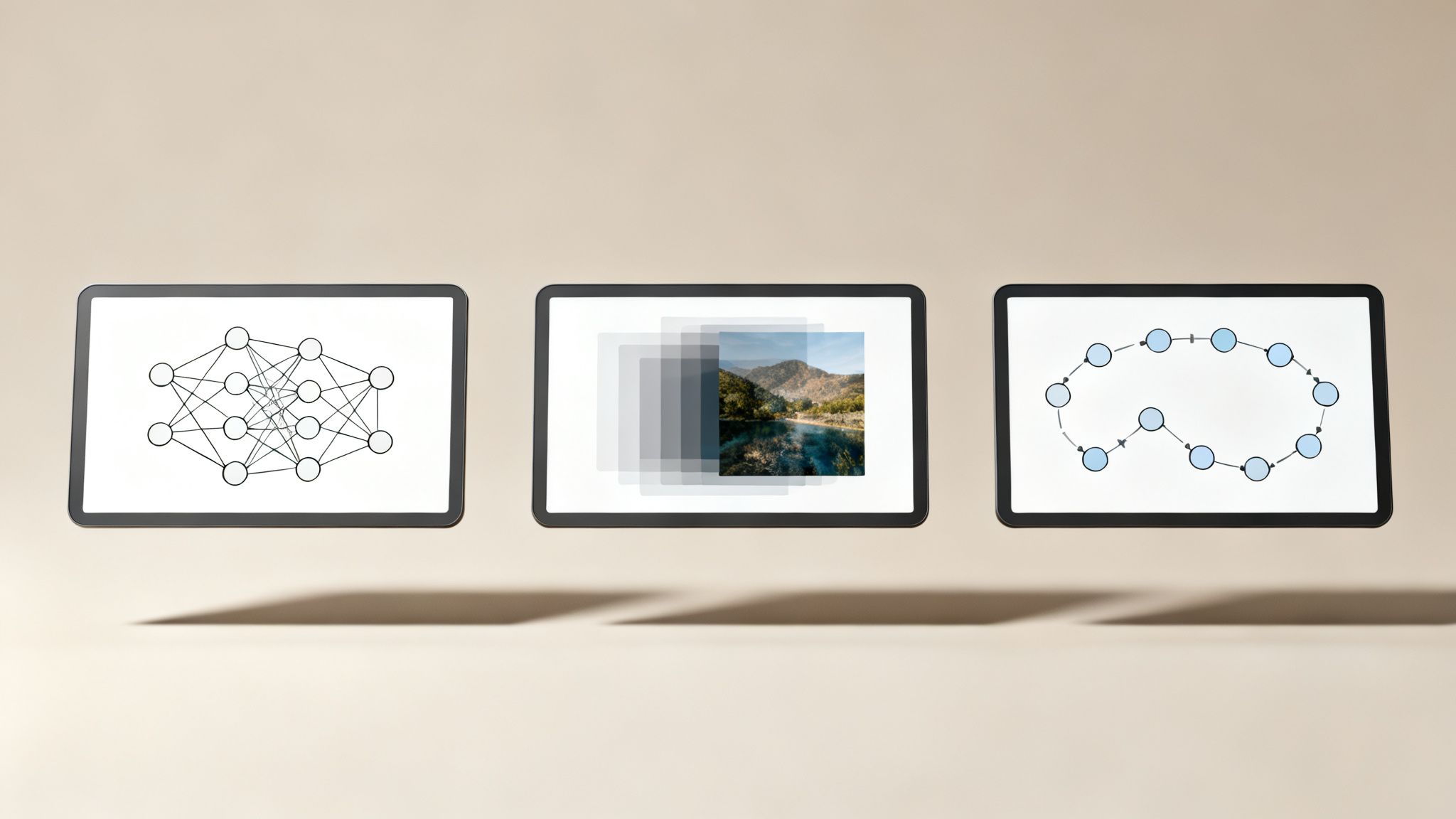 Trzy pływające tablety przedstawiają schematy sieci neuronowej, wygaszający się obraz oraz okrągły schemat procesu.