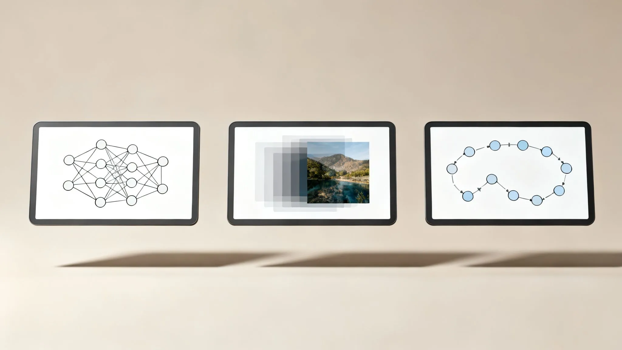 Tre tablet galleggianti mostrano schemi di rete neurale, un'immagine in dissolvenza e un diagramma di processo circolare.