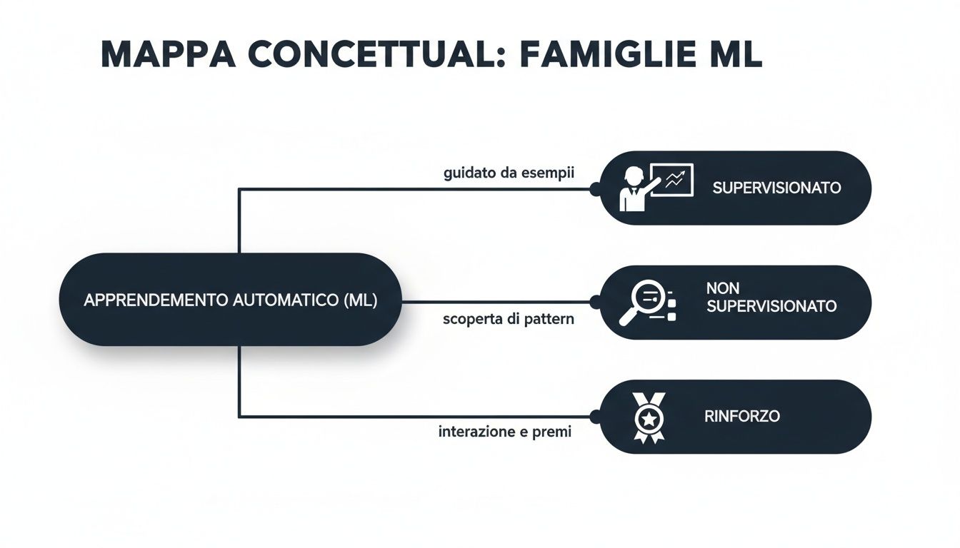 แผนผังแสดงแนวคิดเกี่ยวกับตระกูลหลักของแมชชีนเลิร์นนิง (ML) ซึ่งรวมถึงการเรียนรู้แบบมีผู้กำกับดูแล การเรียนรู้แบบไม่มีผู้กำกับดูแล และการเรียนรู้แบบเสริมแรง