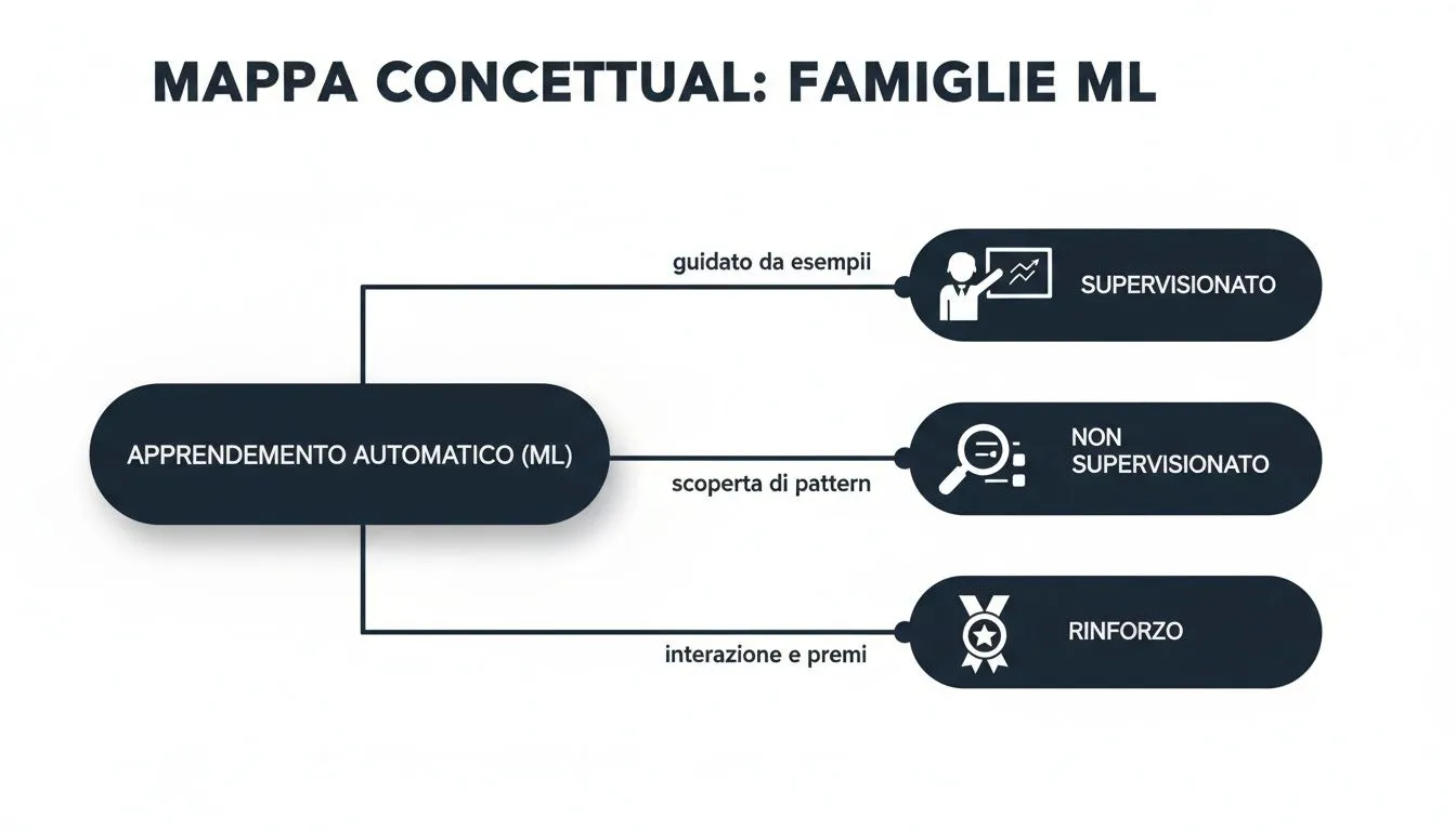 Mappa concettuale che illustra le principali famiglie dell'apprendimento automatico (ML), inclusi i tipi supervisionato, non supervisionato e per rinforzo.