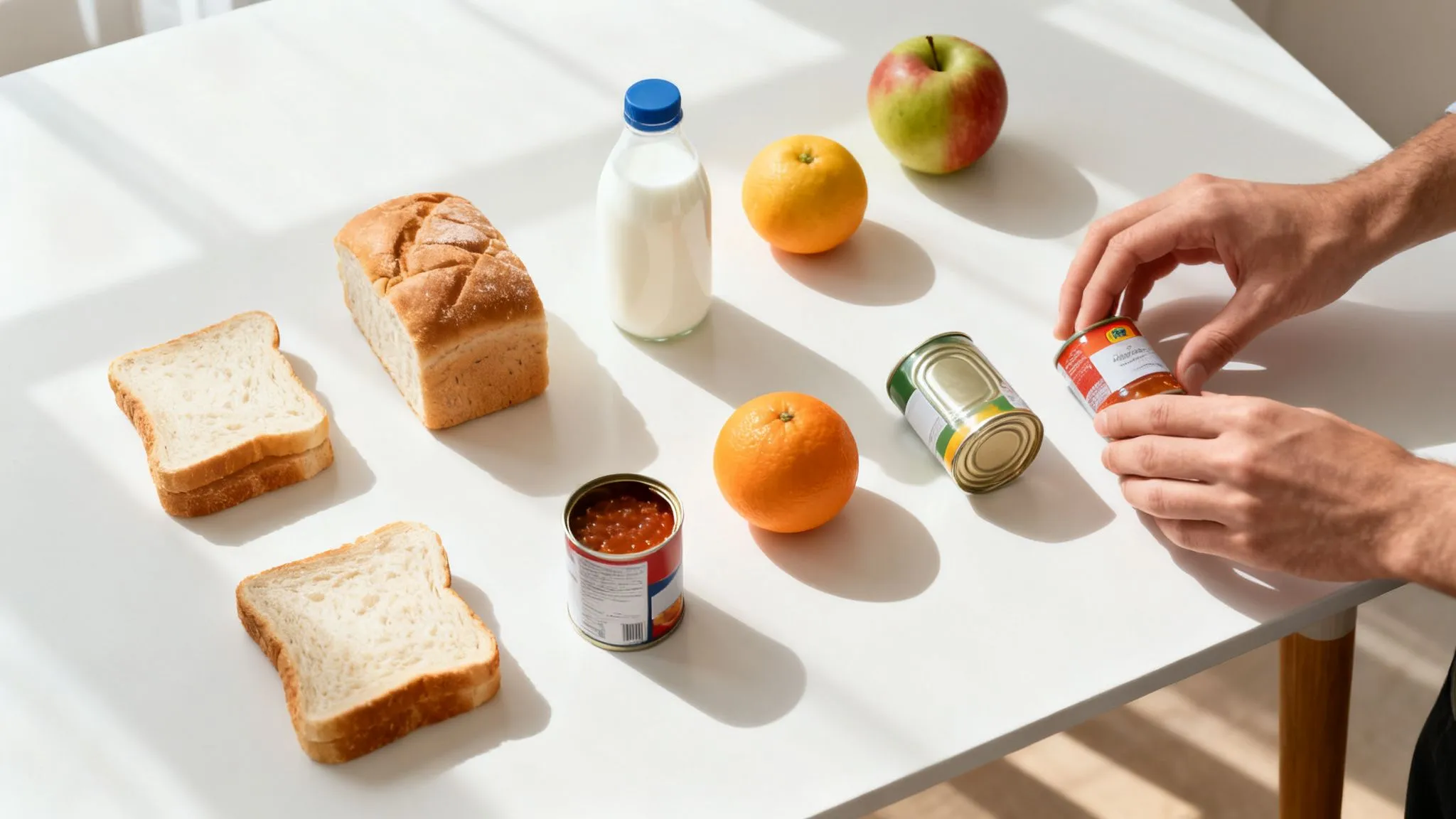 Mani di una persona che prende una lattina di cibo da un tavolo bianco con pane, latte, frutta e altre lattine.