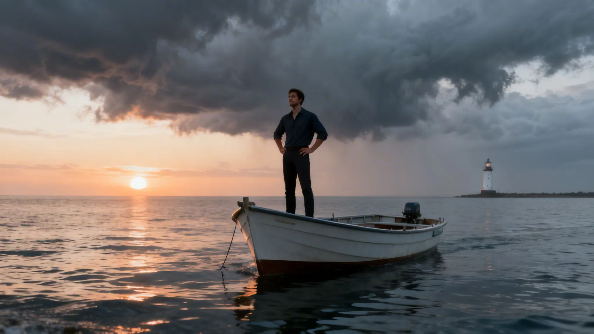 Ein Mann steht auf einem kleinen Boot und betrachtet den Sonnenuntergang vor einem bewölkten Himmel und einem Leuchtturm.