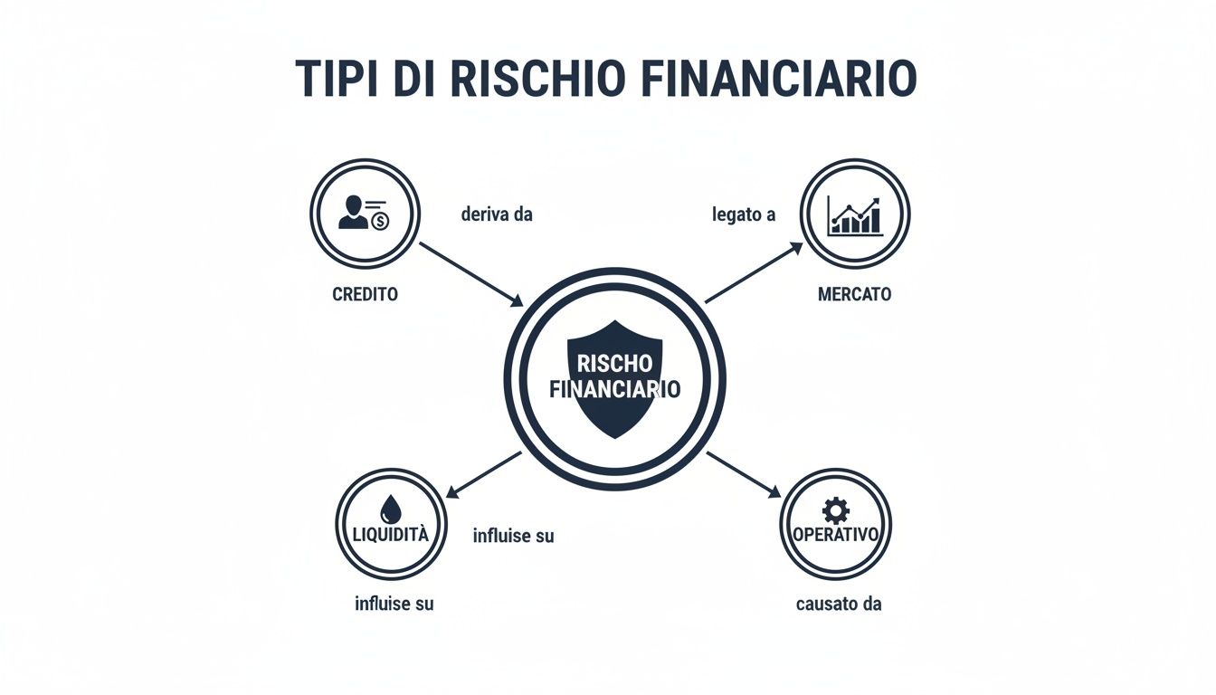 رسم بياني توضيحي حول أنواع المخاطر المالية: الائتمانية، والسوقية، والسيولة، والتشغيلية.