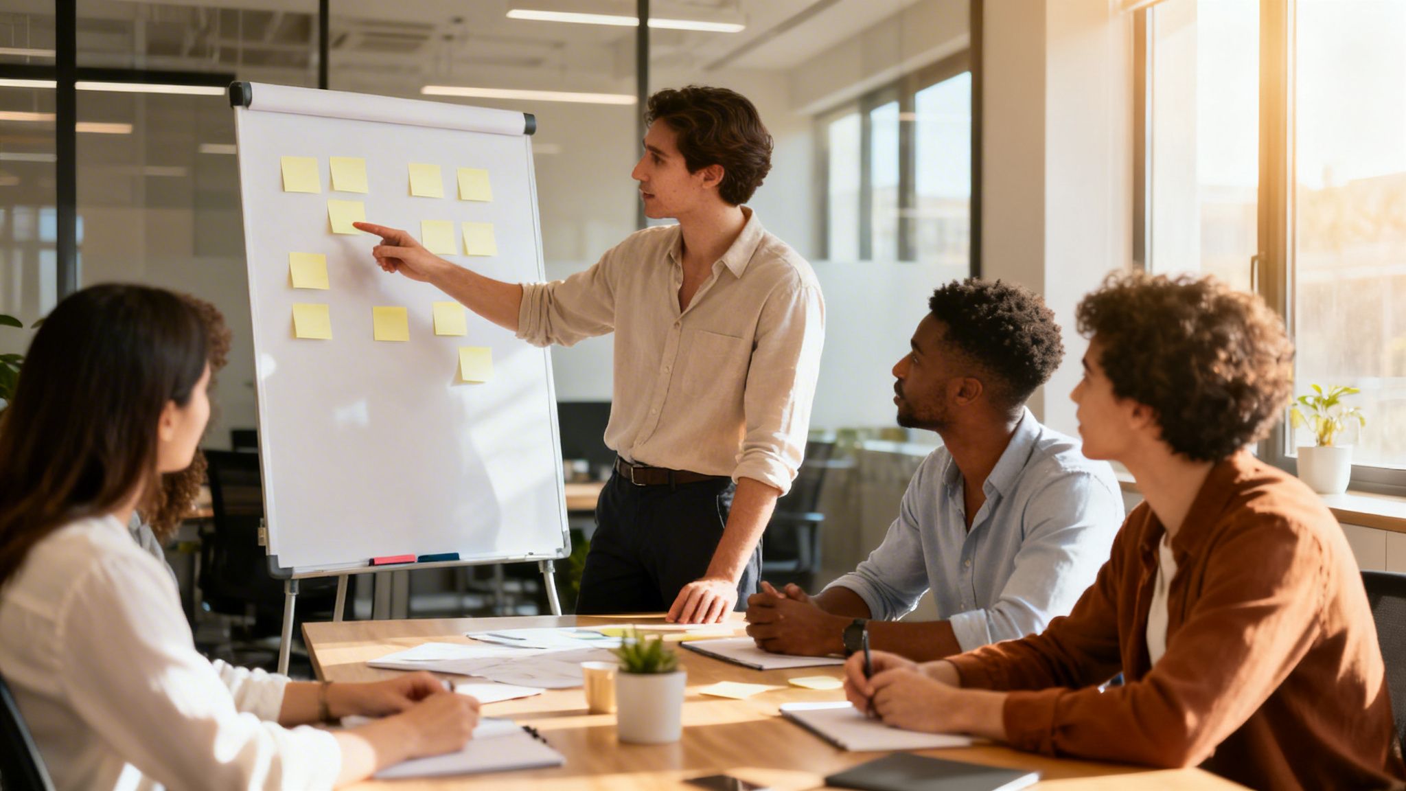 مجموعة من المهنيين الشباب في اجتماع بالمكتب. رجل يعرض أفكاراً على لوحة باستخدام ملصقات لاصقة.