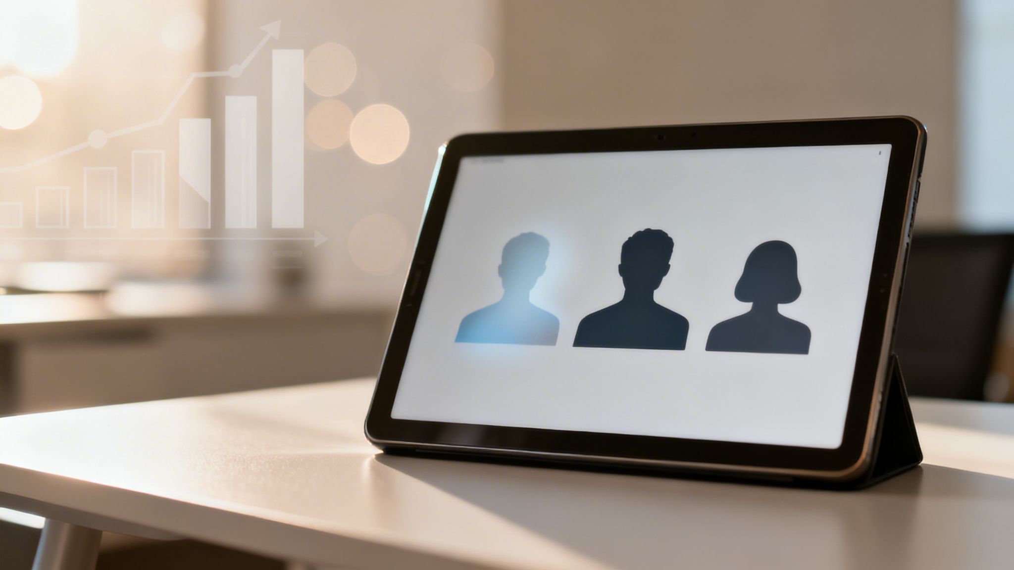Tablet su scrivania con sagome di utenti e grafico di crescita sullo sfondo, simboleggiare gestione del team.