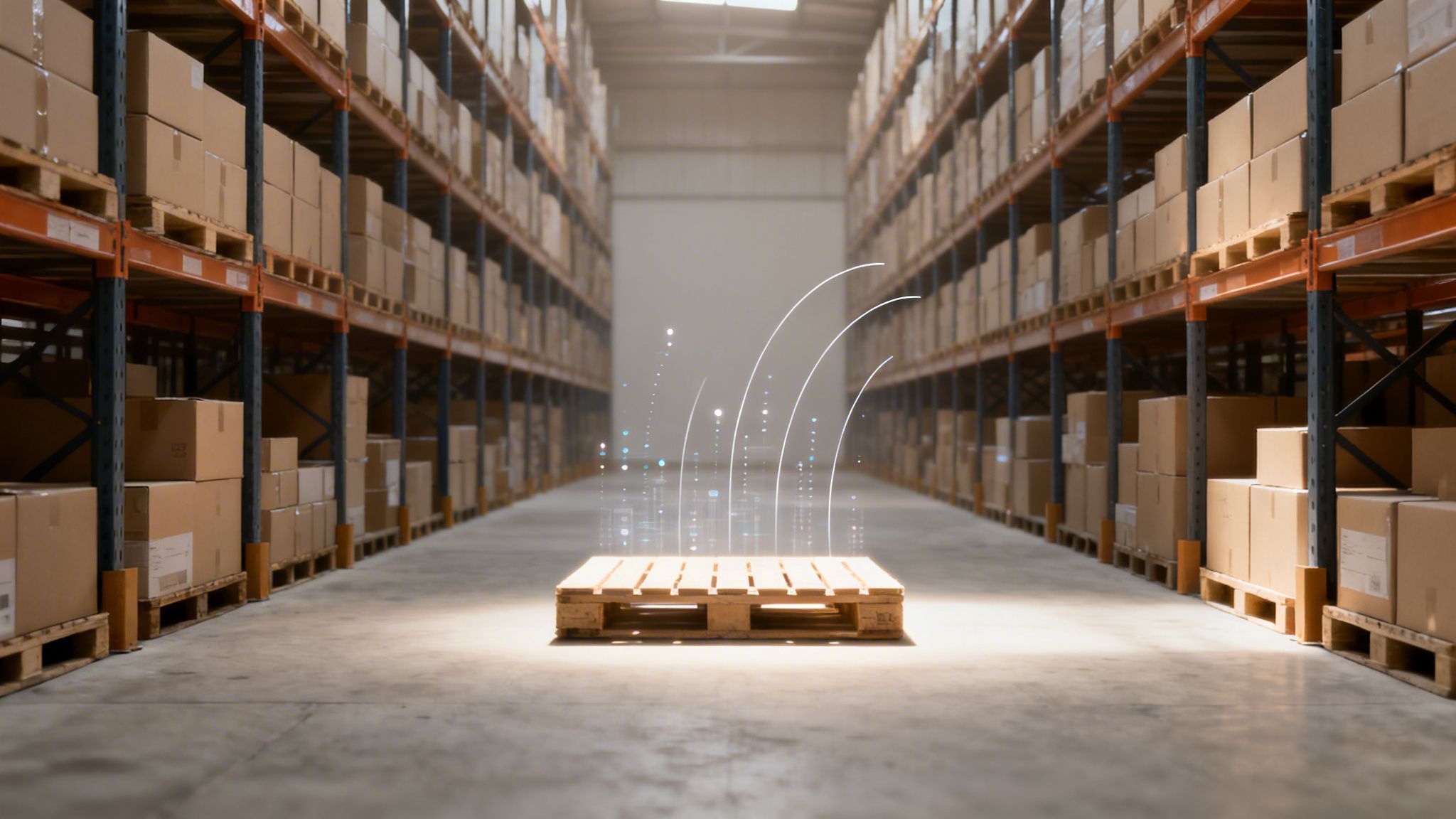 Un corridoio di magazzino con scaffali pieni di scatole, e un pallet in legno illuminato al centro che emette luci e linee curve digitali.