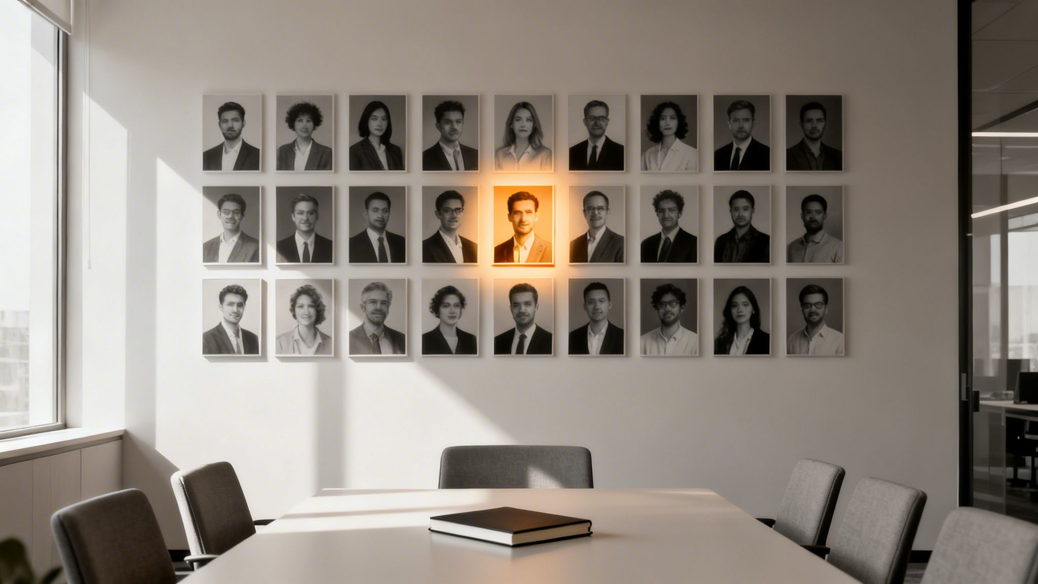 Una parete con ritratti di persone, uno al centro evidenziato, in un moderno ufficio.