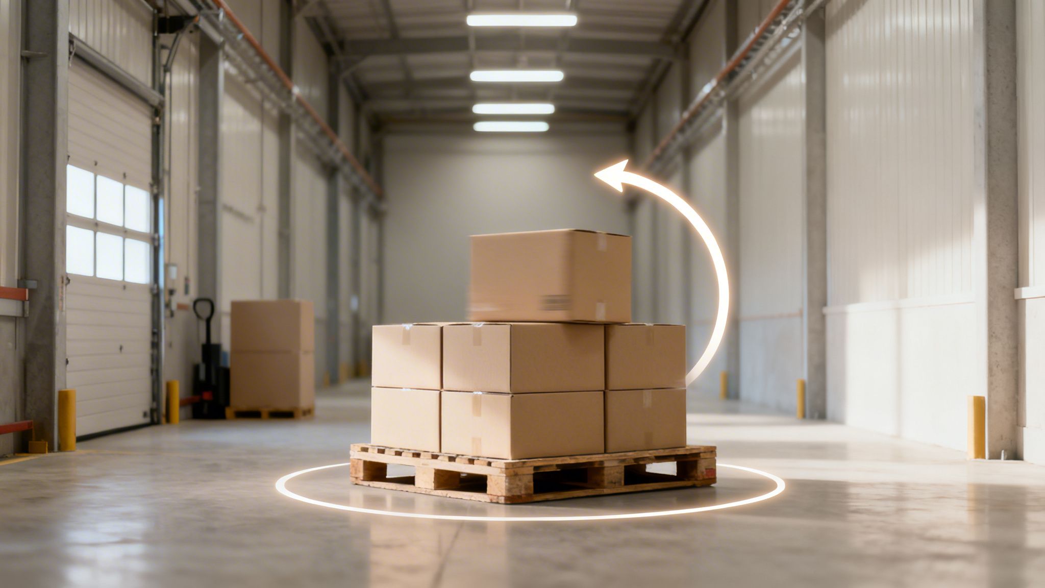 Scatole di cartone su pallet in un magazzino moderno, con un'illustrazione di movimento circolare e una freccia.
