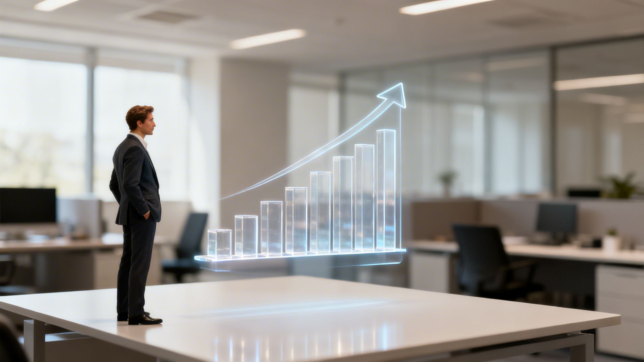 Uomo d'affari in un ufficio moderno osserva un grafico a barre olografico che mostra crescita e successo.