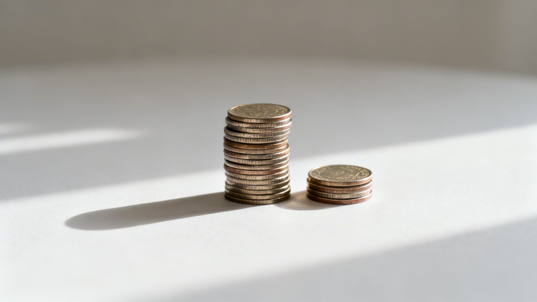 Due pile di monete di diversa altezza su un tavolo bianco con ombre. Simboleggia risparmio, investimento o confronto di valore.