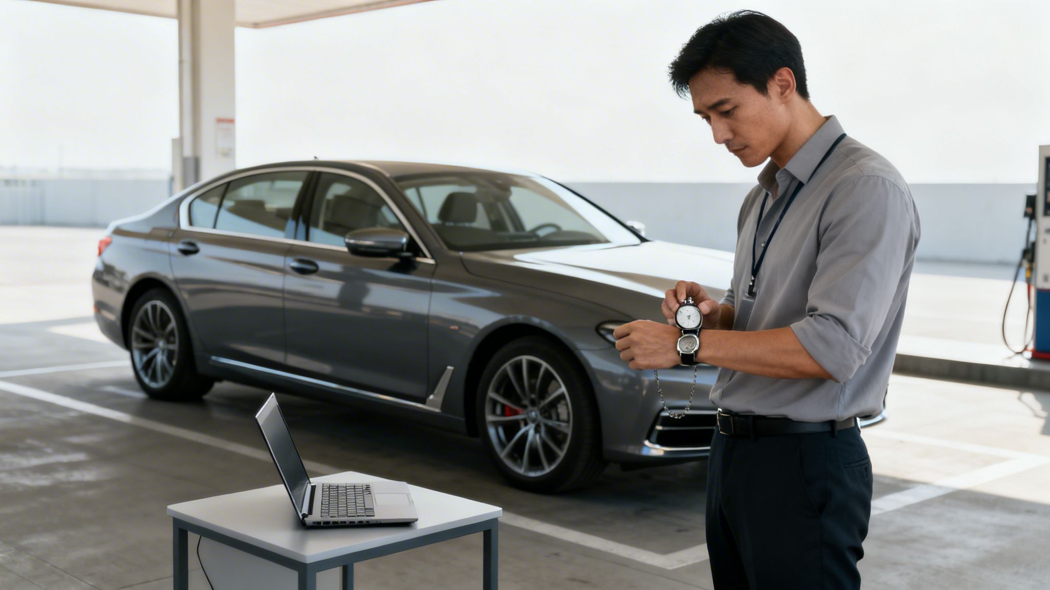 Un uomo in camicia grigia controlla cronometro e orologio vicino a un'elegante auto berlina grigia e un laptop.