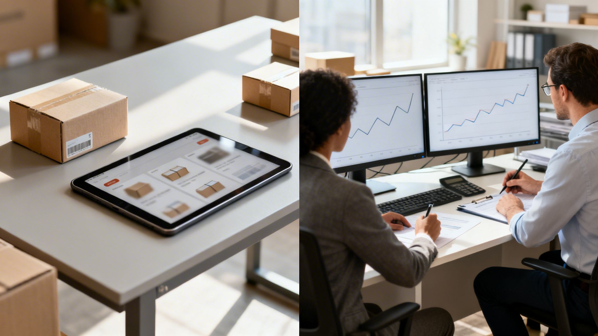 Logistica e analisi aziendale: scatole, tablet con app di gestione e professionisti che esaminano grafici di crescita.