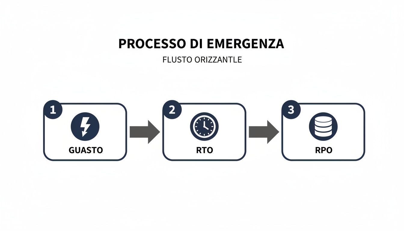 Diagramma di flusso orizzontale del processo di emergenza con tre fasi: guasto, RTO e RPO.