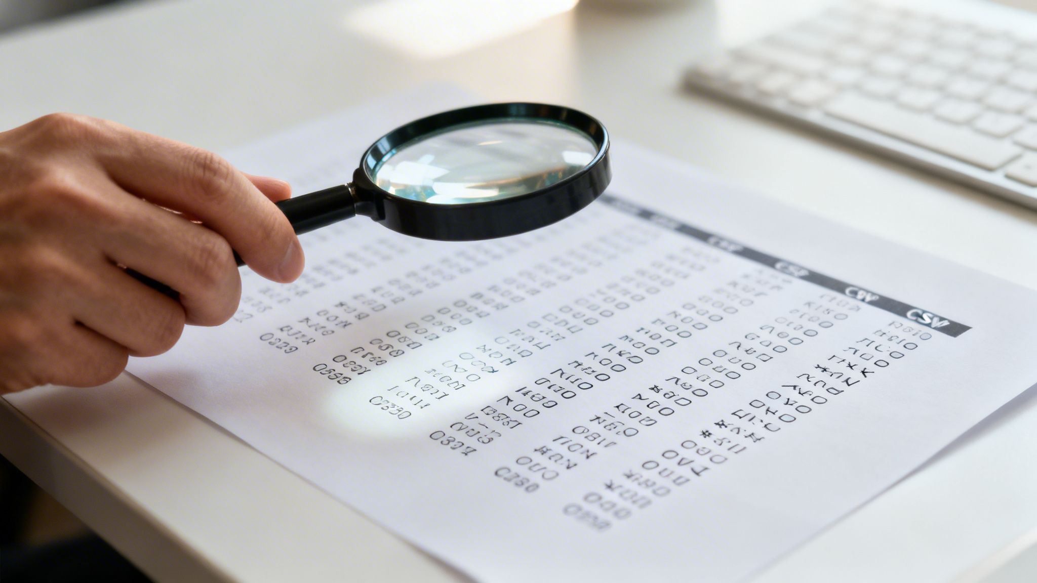 Iemand bekijkt een document vol cijfers en tekst met een vergrootglas, terwijl op de achtergrond een toetsenbord vaag te zien is.