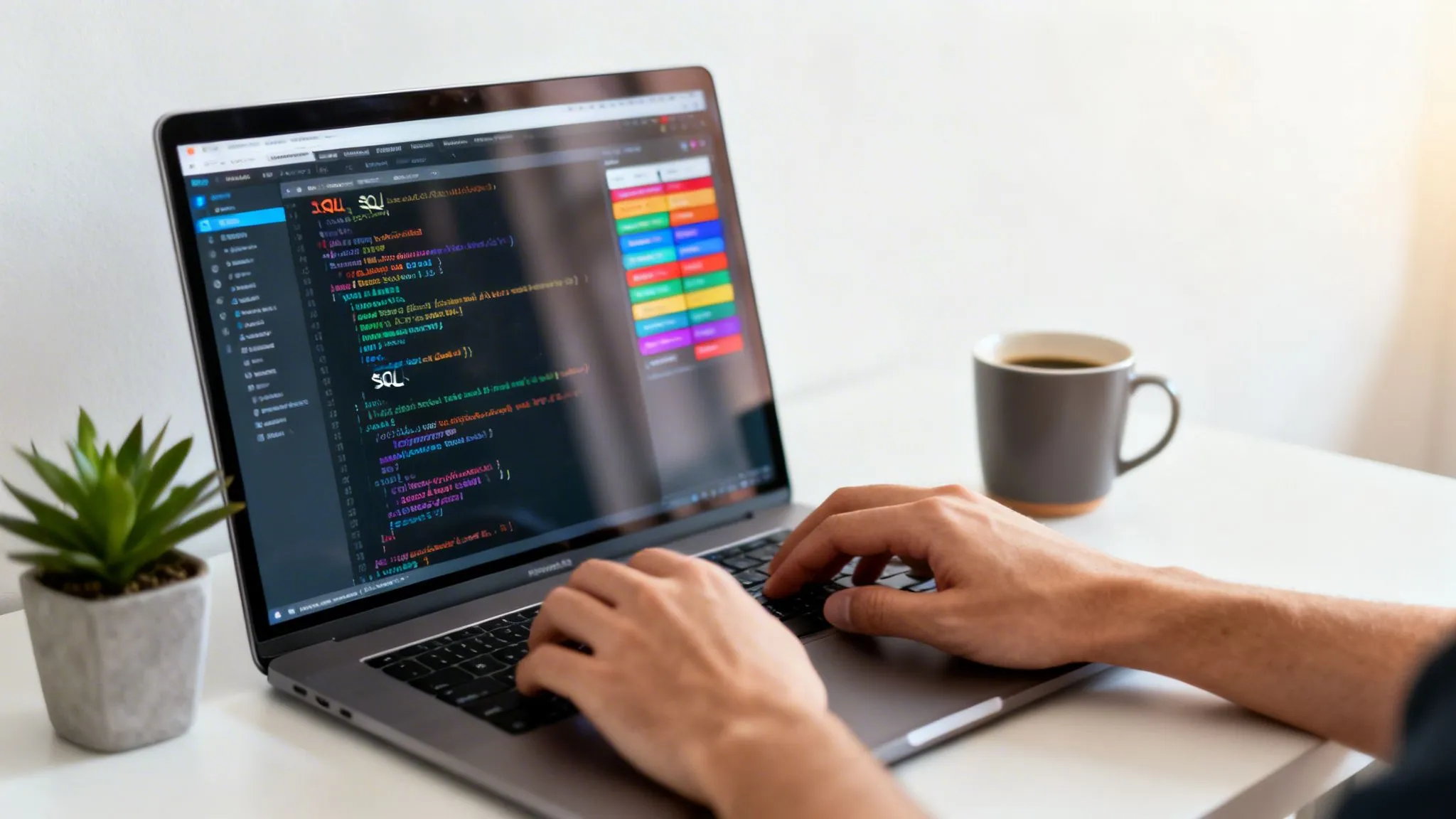 Iemand typt op een laptop; op het scherm is SQL-code te zien. Op de tafel staan een schaal en een kop koffie.