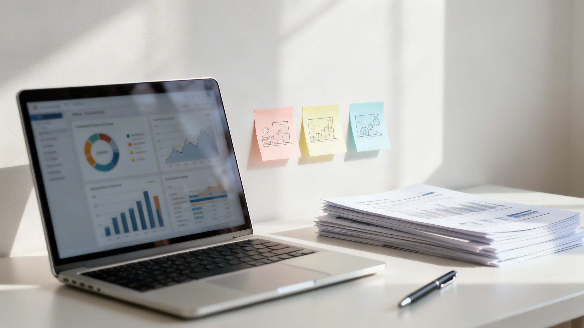 מחשב נייד מציג גרפים ונתונים על שולחן לבן עם דפים, עט ופתקיות צבעוניות.