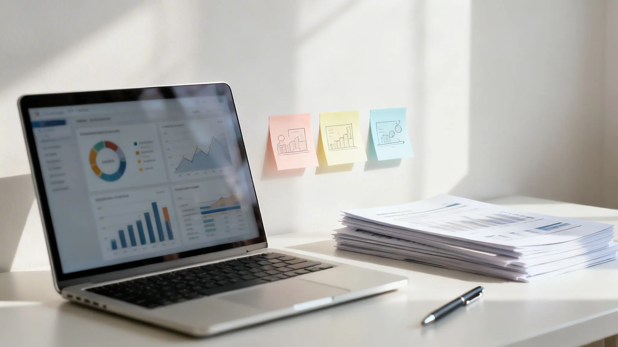 Op een witte bureau met documenten, een pen en gekleurde post-its staan grafieken en gegevens op een laptop.