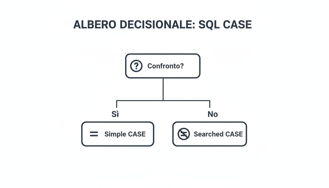 תרשים זרימה המסביר מתי להשתמש ב-SQL Simple CASE או ב-Searched CASE, בהתבסס על השוואה.