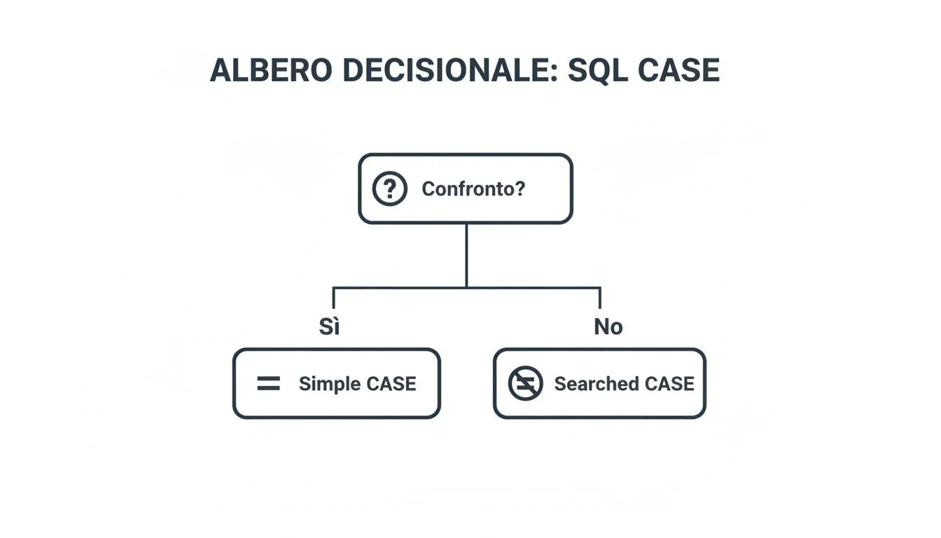 Een stroomdiagram dat uitlegt wanneer je SQL Simple CASE of Searched CASE moet gebruiken, op basis van een vergelijking.