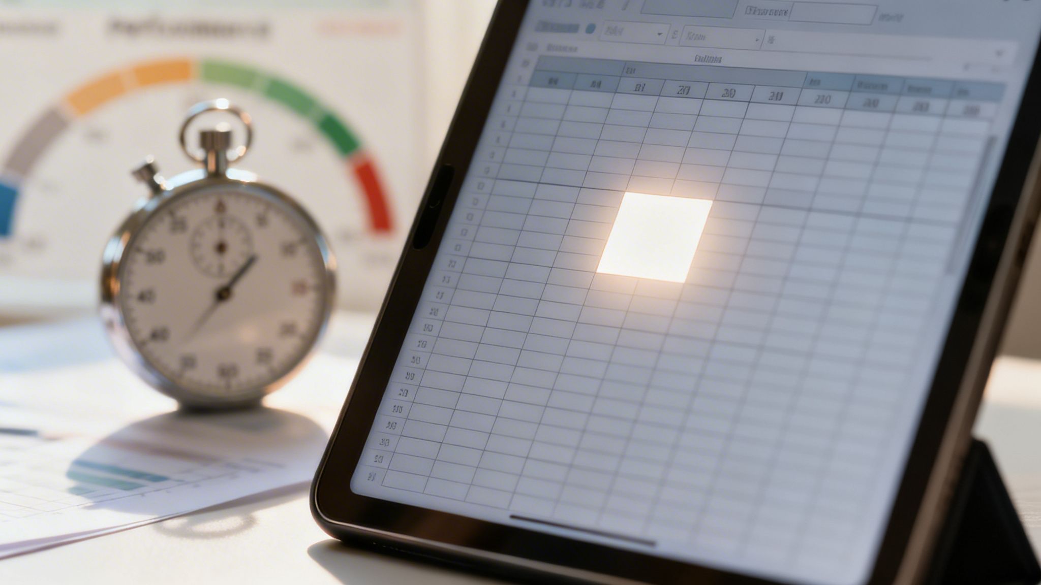 טאבלט מציג גיליון אלקטרוני עם תא מסומן, לצד שעון עצר וגרפים.