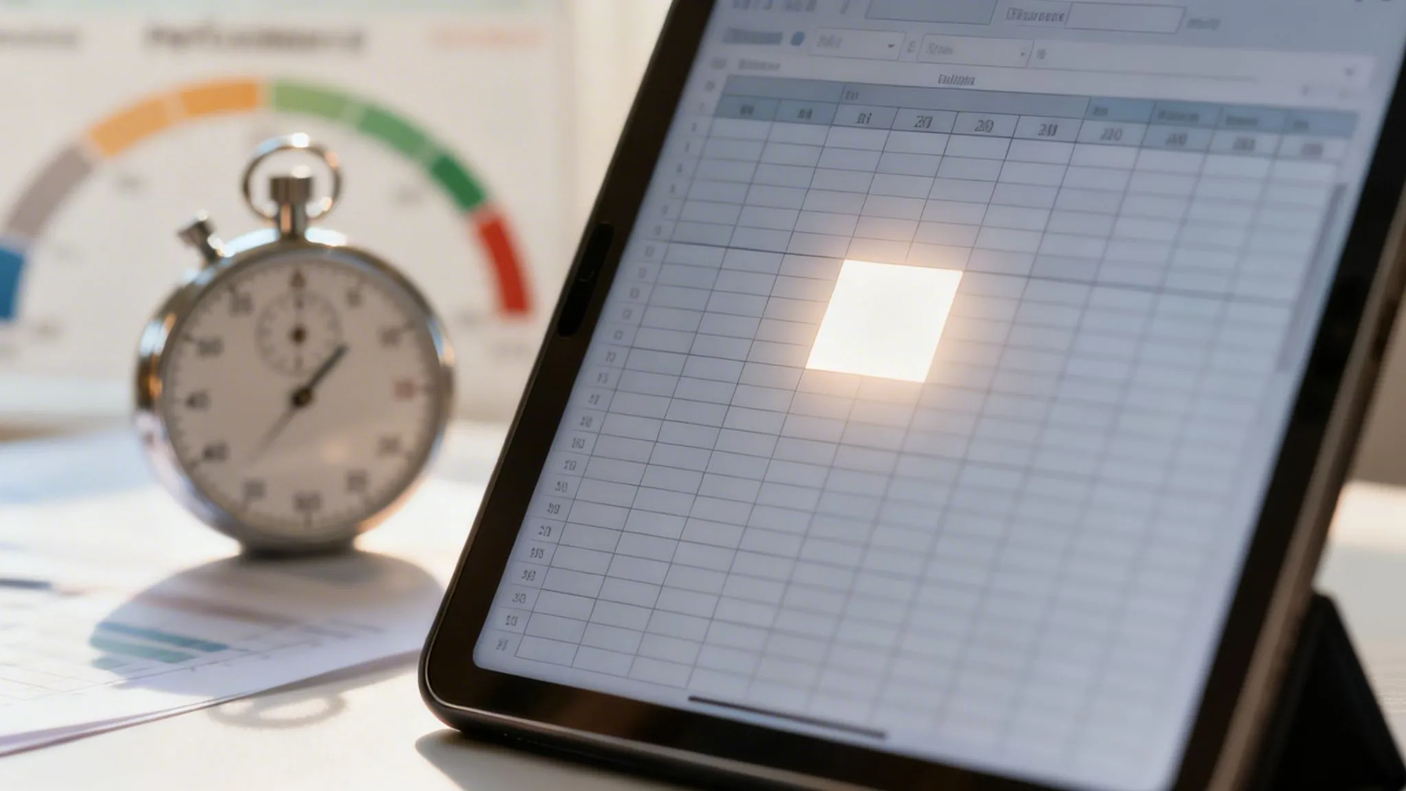Op een tablet is een spreadsheet te zien met een gemarkeerde cel, naast een stopwatch en grafieken.