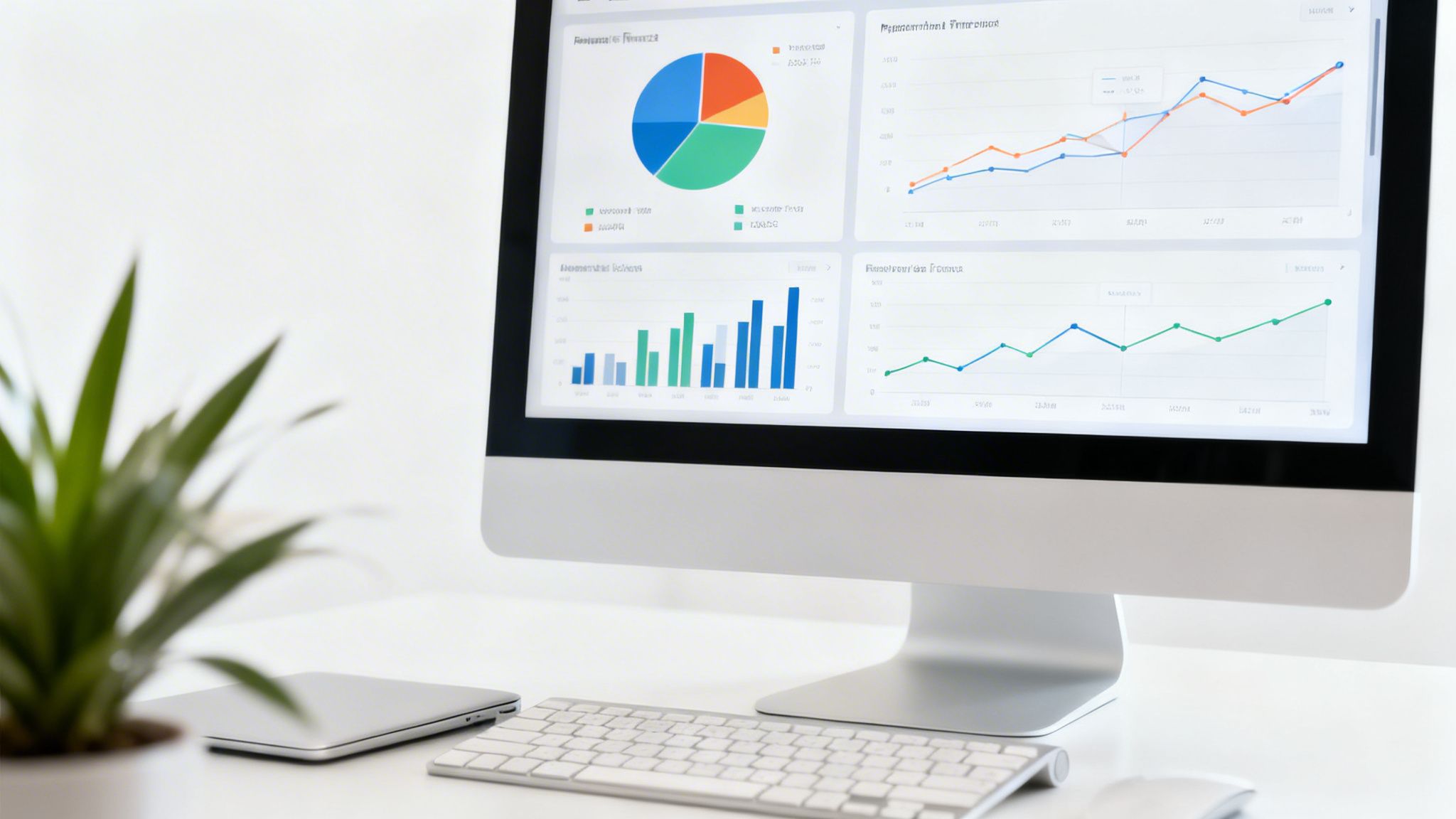 一台显示财务仪表盘的显示器，上面呈现图表、数据和分析，置于一张白色桌子上，桌上还放着键盘和植物。