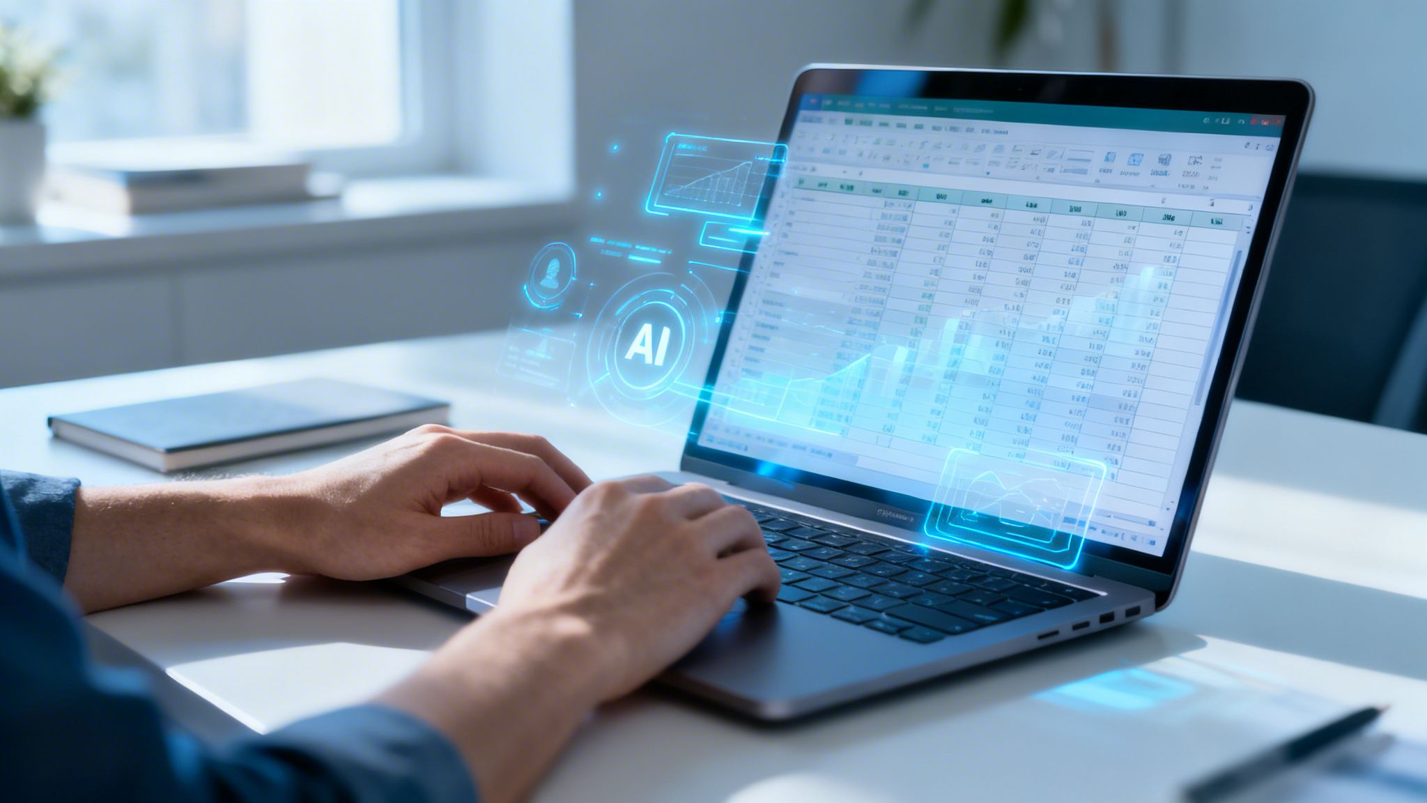 双手在笔记本电脑上敲击键盘，屏幕上显示着数据、图表和一个人工智能界面。
