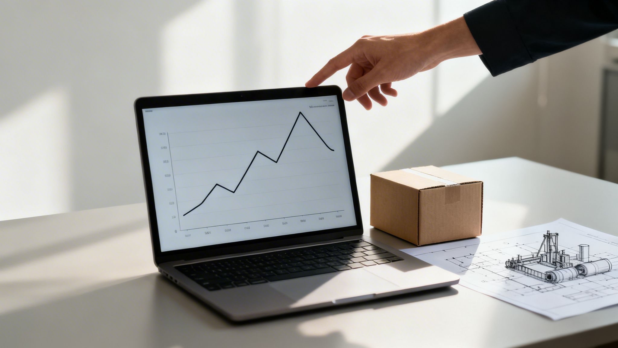 A hand pointing at a line graph on a laptop, with a box and a technical drawing on the table.