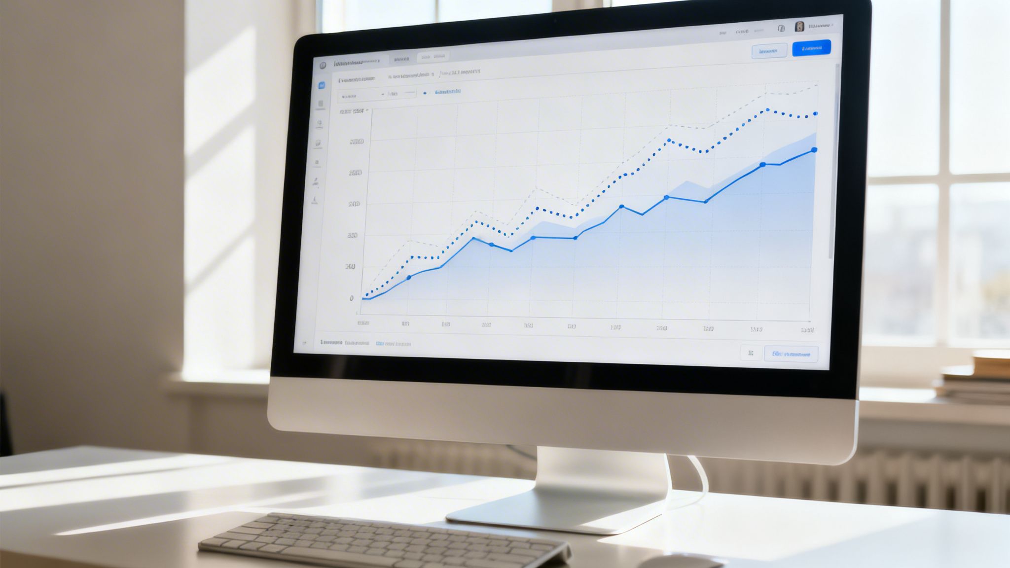 A computer monitor on a desk displays line graphs showing trend data, with a keyboard and a window in the background.