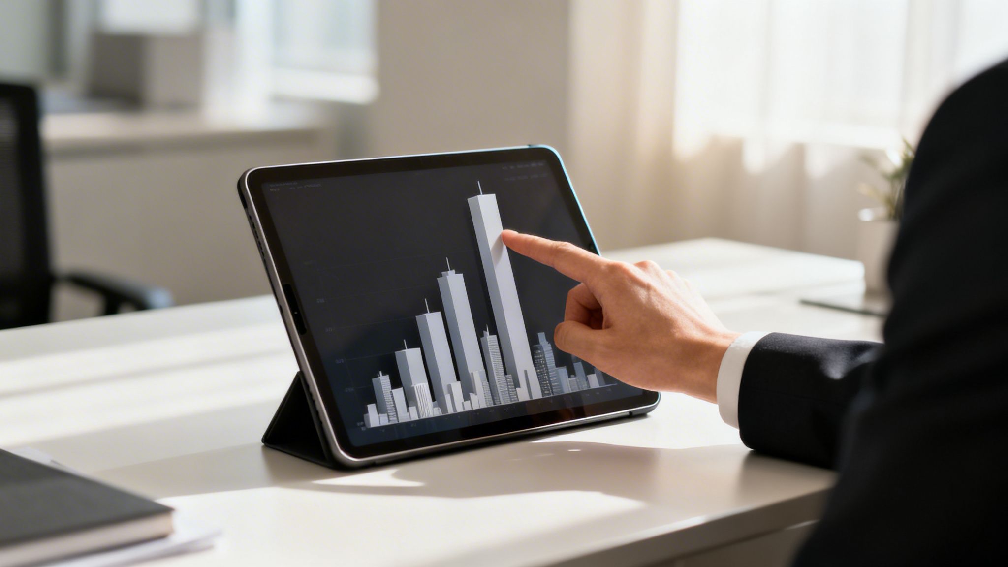 Una mano tocca un tablet con un diagramma a barre 3D che simula un orizzonte di città in un ufficio.