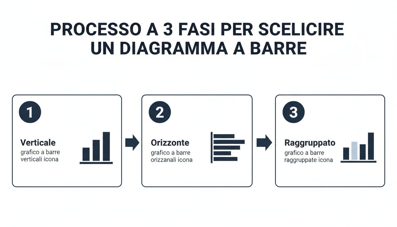 Un diagramma illustra un processo a 3 fasi per scegliere un diagramma a barre: verticale, orizzontale e raggruppato, con icone esplicative.