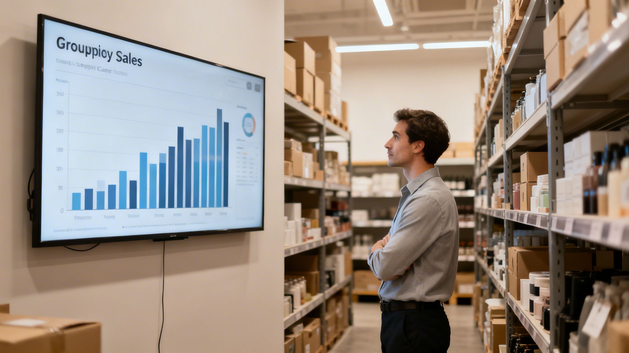 Un uomo in un magazzino guarda un diagramma a barre delle vendite su uno schermo.