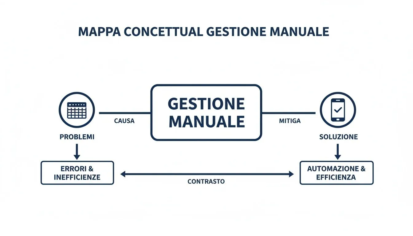 Mappa concettuale che descrive la gestione manuale, evidenziando problemi (errori, inefficienze) e soluzioni (automazione, efficienza).