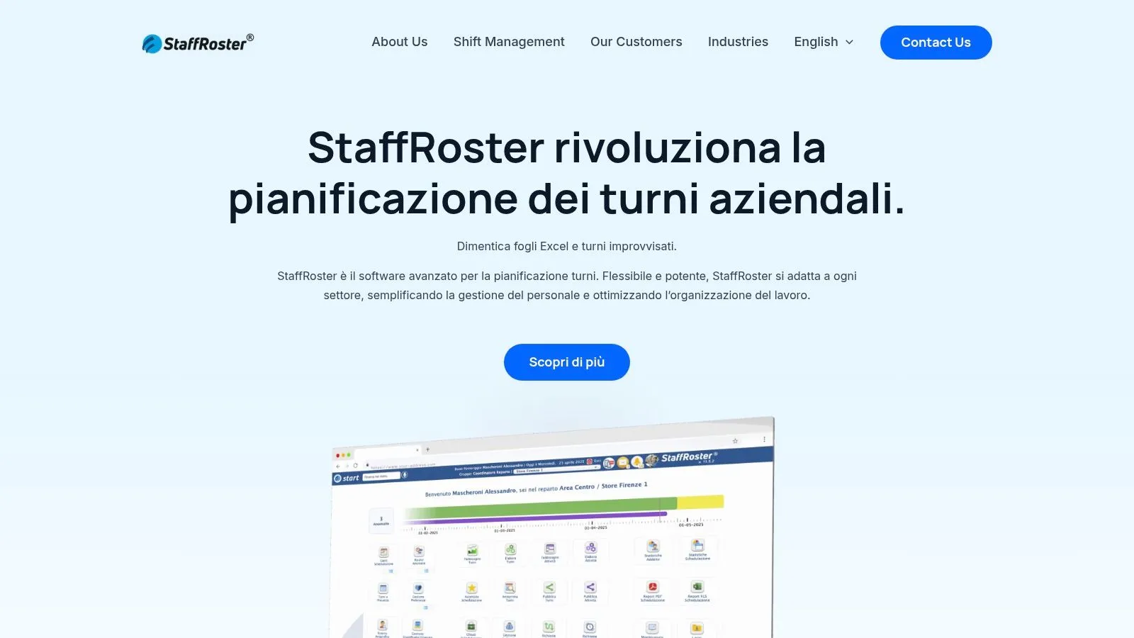 דף הבית של תוכנת תזמון משמרות StaffRoster