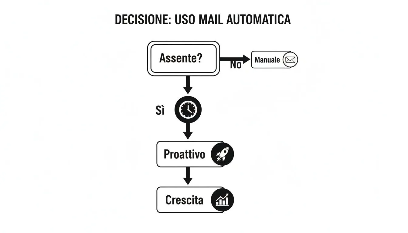 Flowchart intitolato 'Decisione: Uso Mail Automatica', che illustra un processo decisionale per l'invio di email.