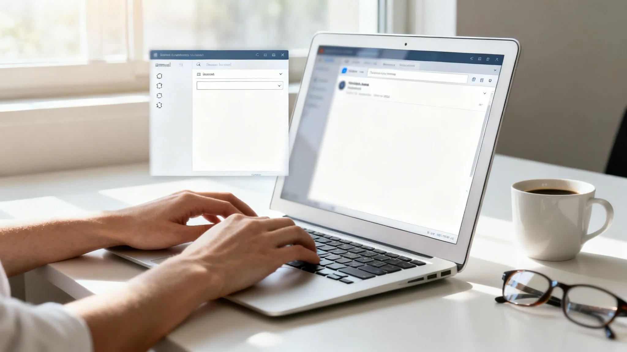 Una persona digita su un laptop bianco, con una tazza di caffè e occhiali su una scrivania luminosa vicino a una finestra.