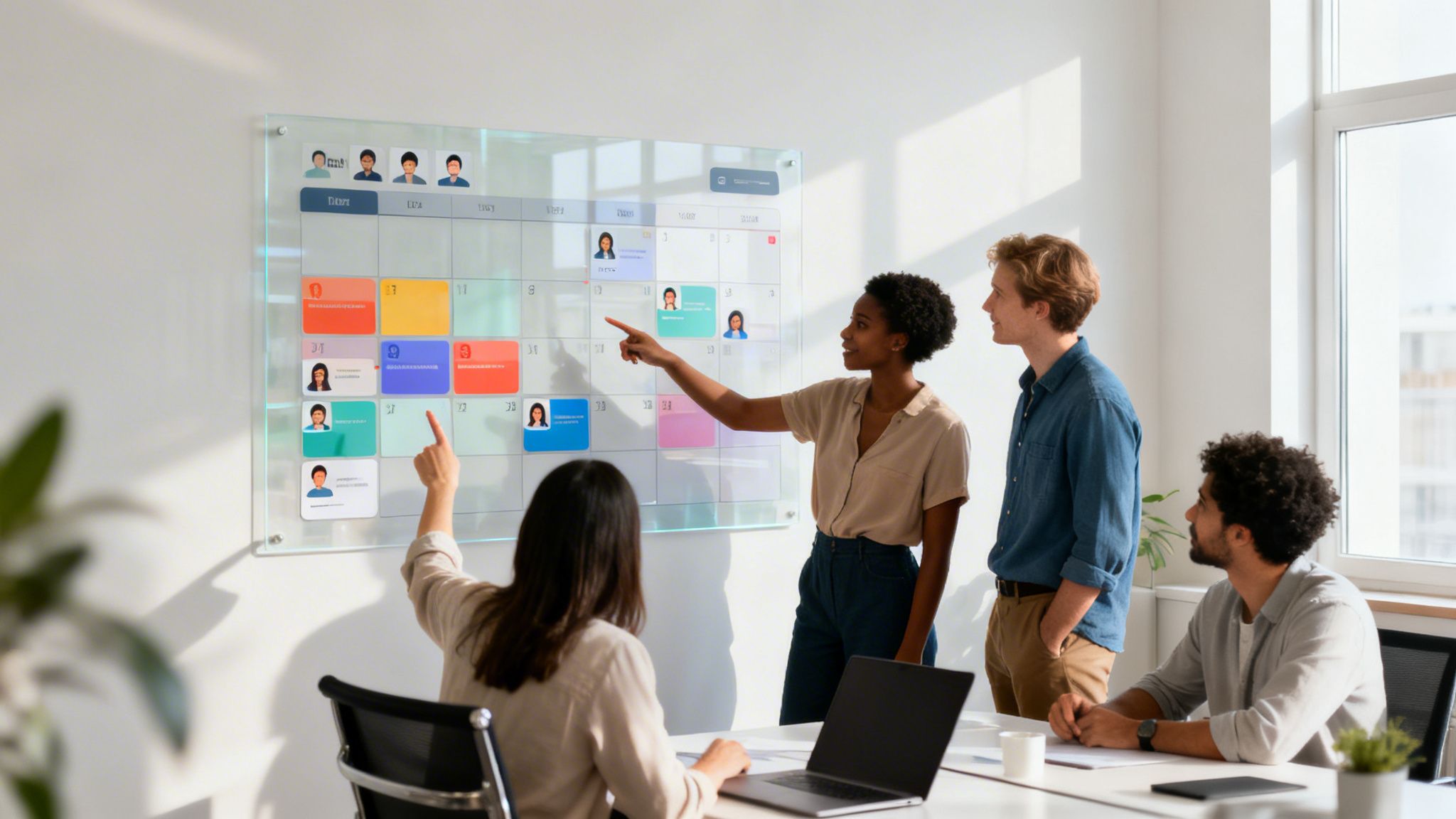 Quattro persone in ufficio che collaborano attorno a un grande calendario digitale interattivo su una parete.