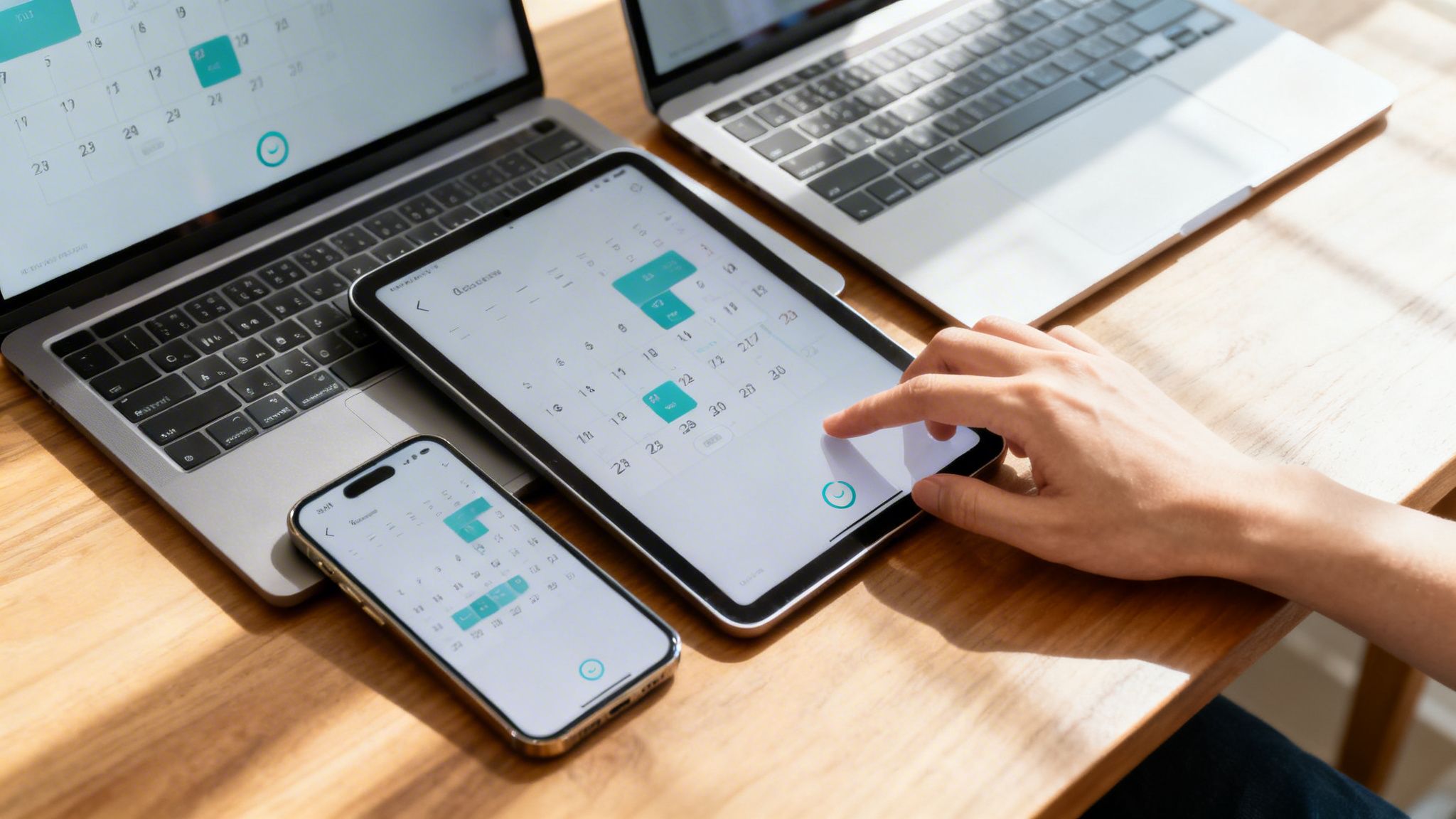 Una persona tocca un tablet con calendario digitale, vicino a laptop e smartphone, per la gestione del tempo.