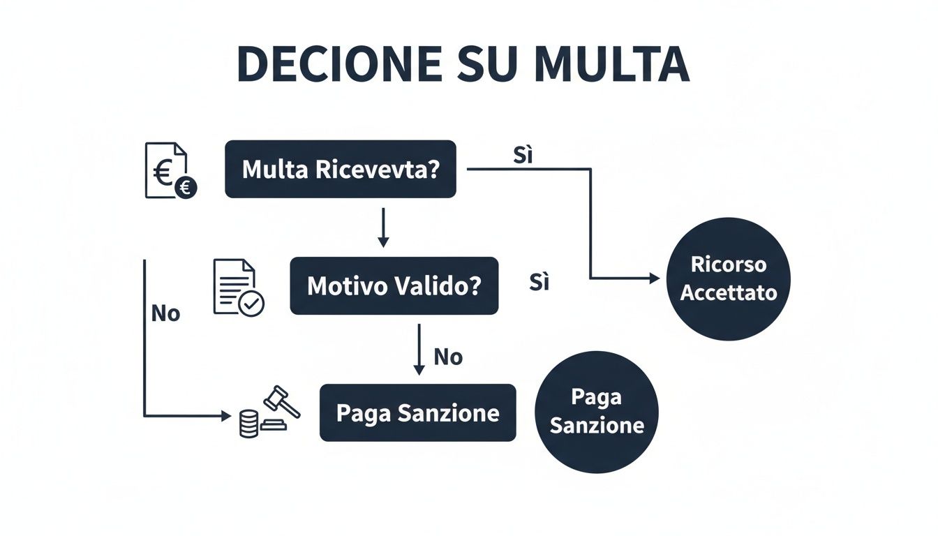 Diagramma di flusso che illustra il processo decisionale su una multa, con opzioni per ricorso o pagamento.