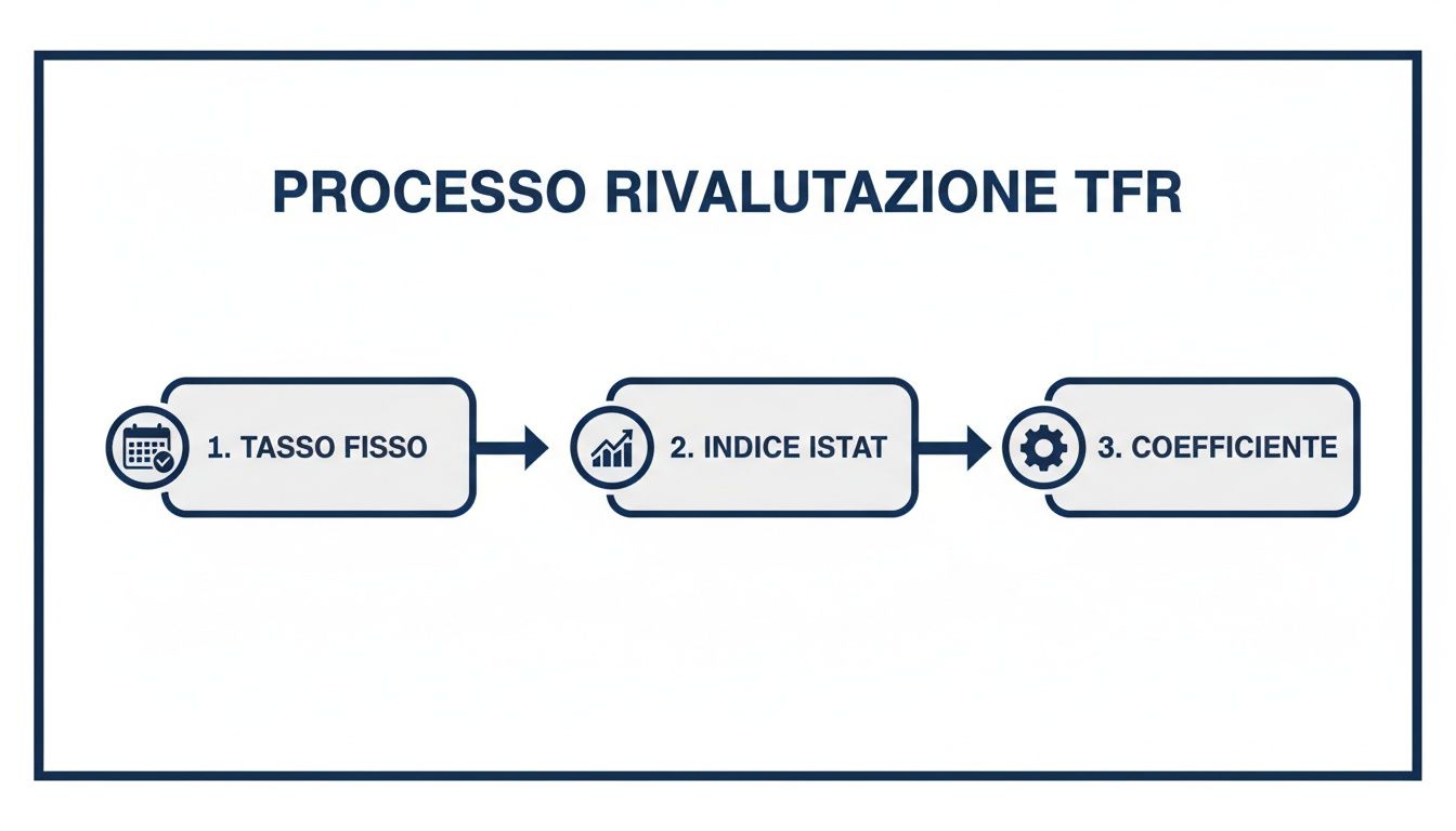 Diagramma di flusso che illustra il processo di rivalutazione del TFR, con passaggi: tasso fisso, indice ISTAT e coefficiente.