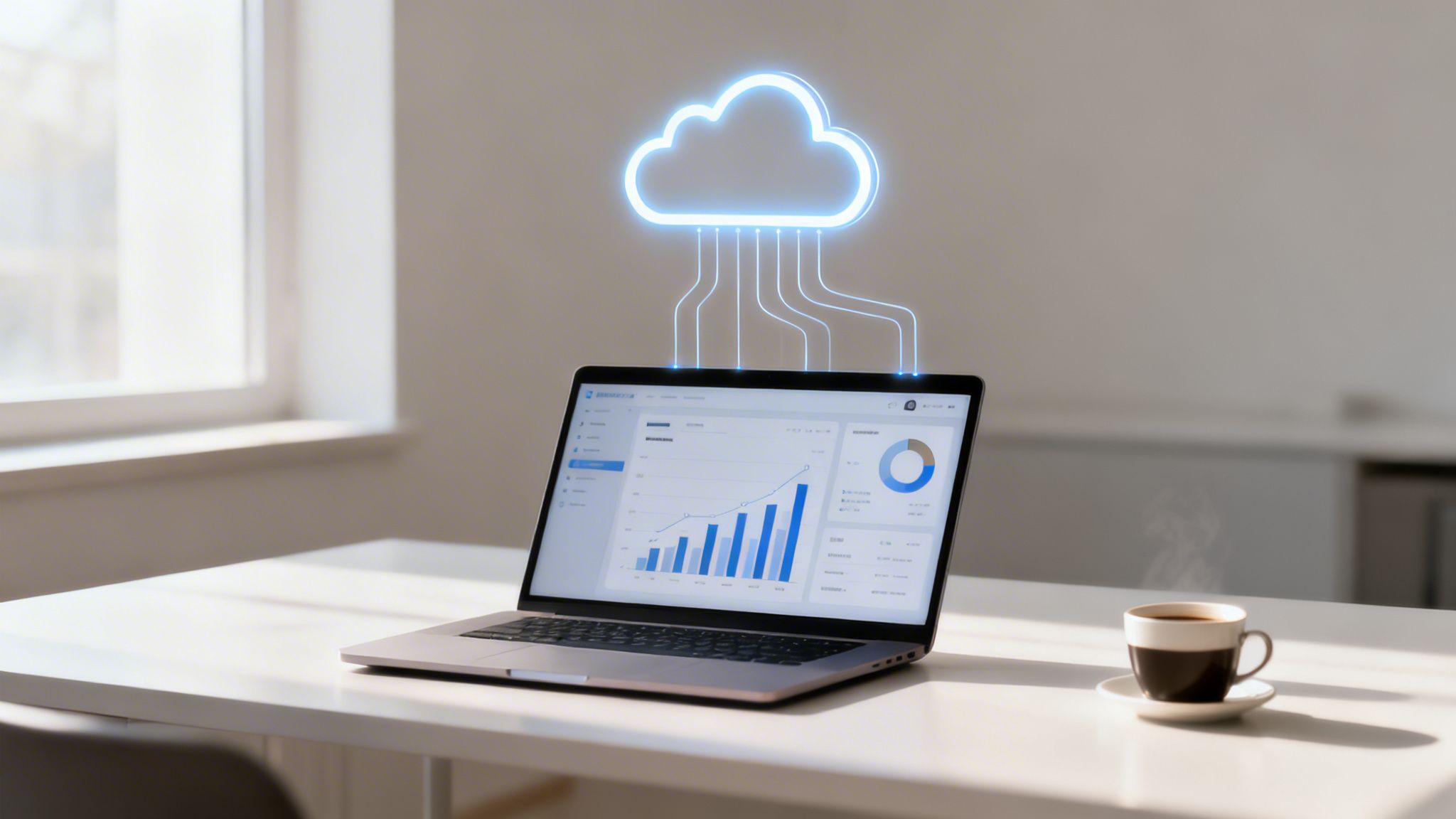 Un portatile mostra dati e grafici, collegato a una nuvola luminosa, su una scrivania bianca con una tazza di caffè e una finestra.