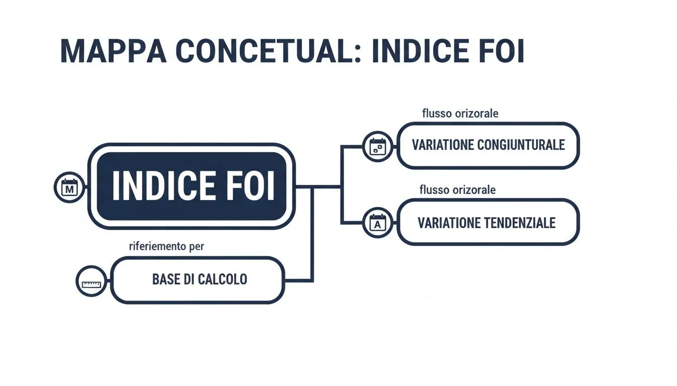 Mappa concettuale dettagliata dell'Indice FOI, mostrando le variazioni congiunturali e tendenziali e la base di calcolo.