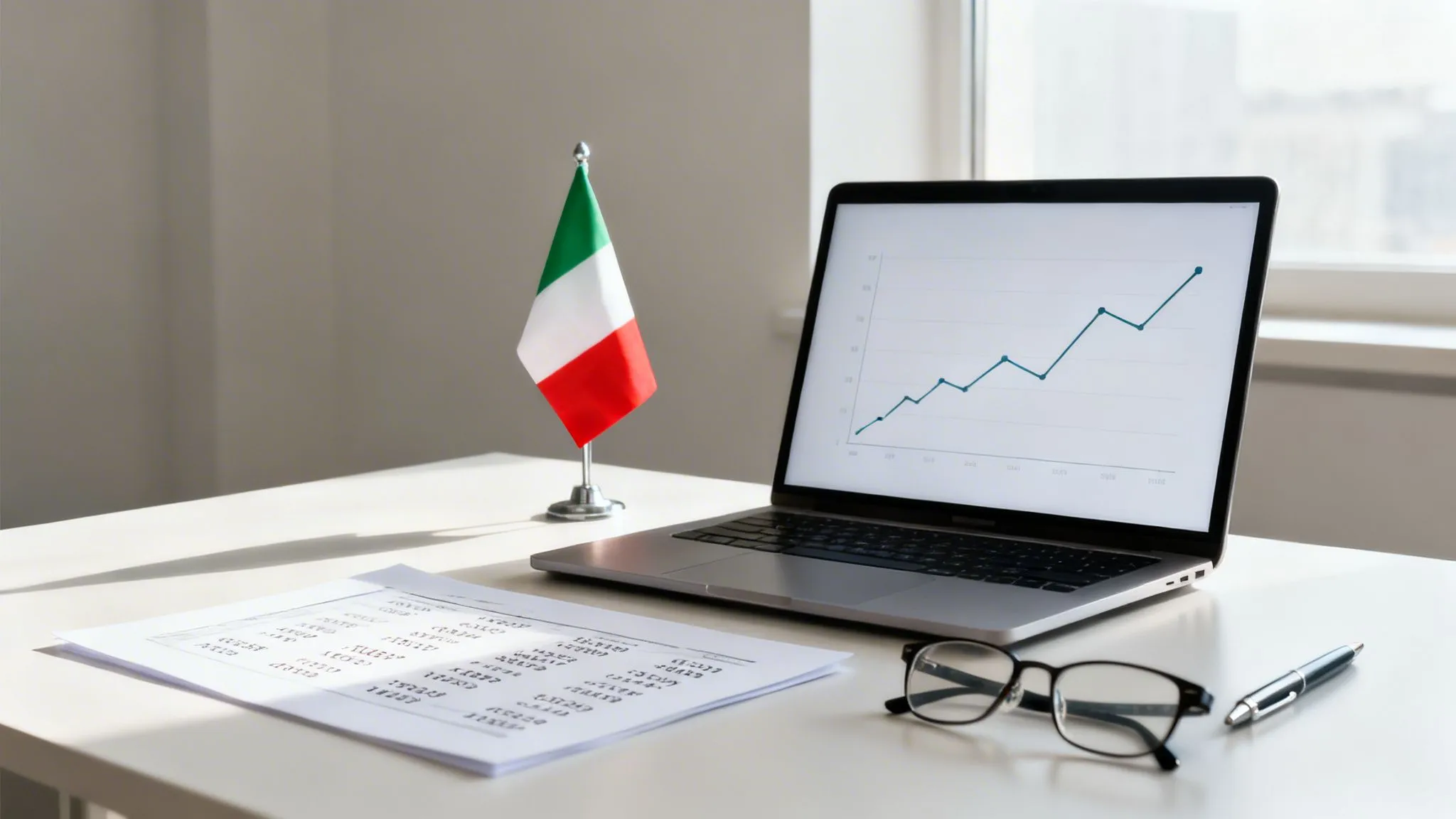 Scrivania con bandiera italiana, laptop che mostra un grafico in crescita, documenti finanziari, occhiali e penna.