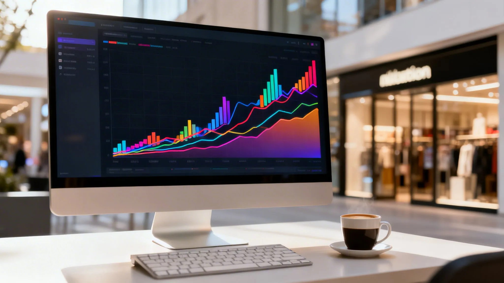 Un monitor mostra grafici finanziari colorati e linee di tendenza su una scrivania con una tazza di caffè fumante, sullo sfondo un centro commerciale.