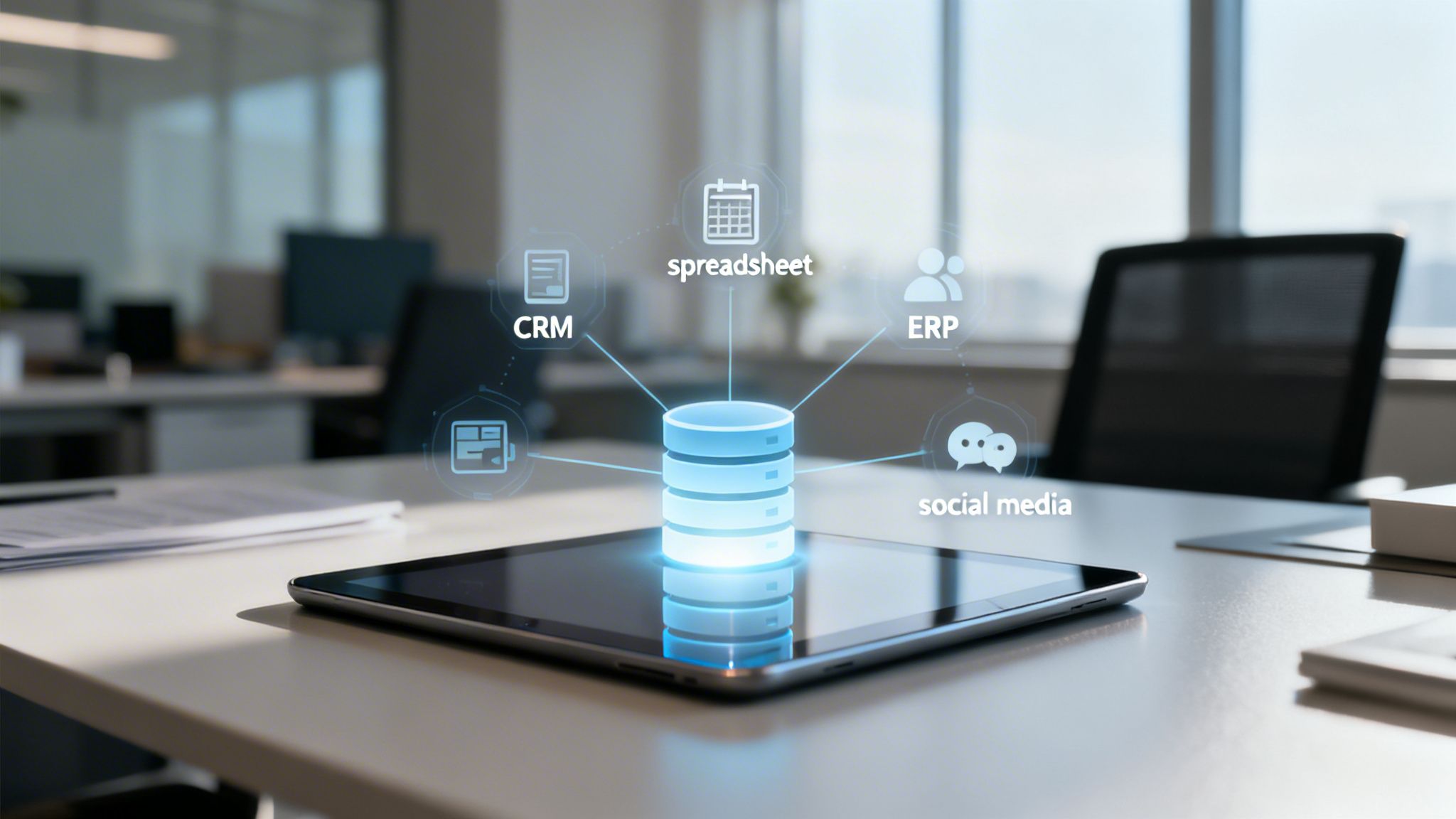 Icone digitali di database, CRM, foglio di calcolo, ERP e social media su un tablet in ufficio.