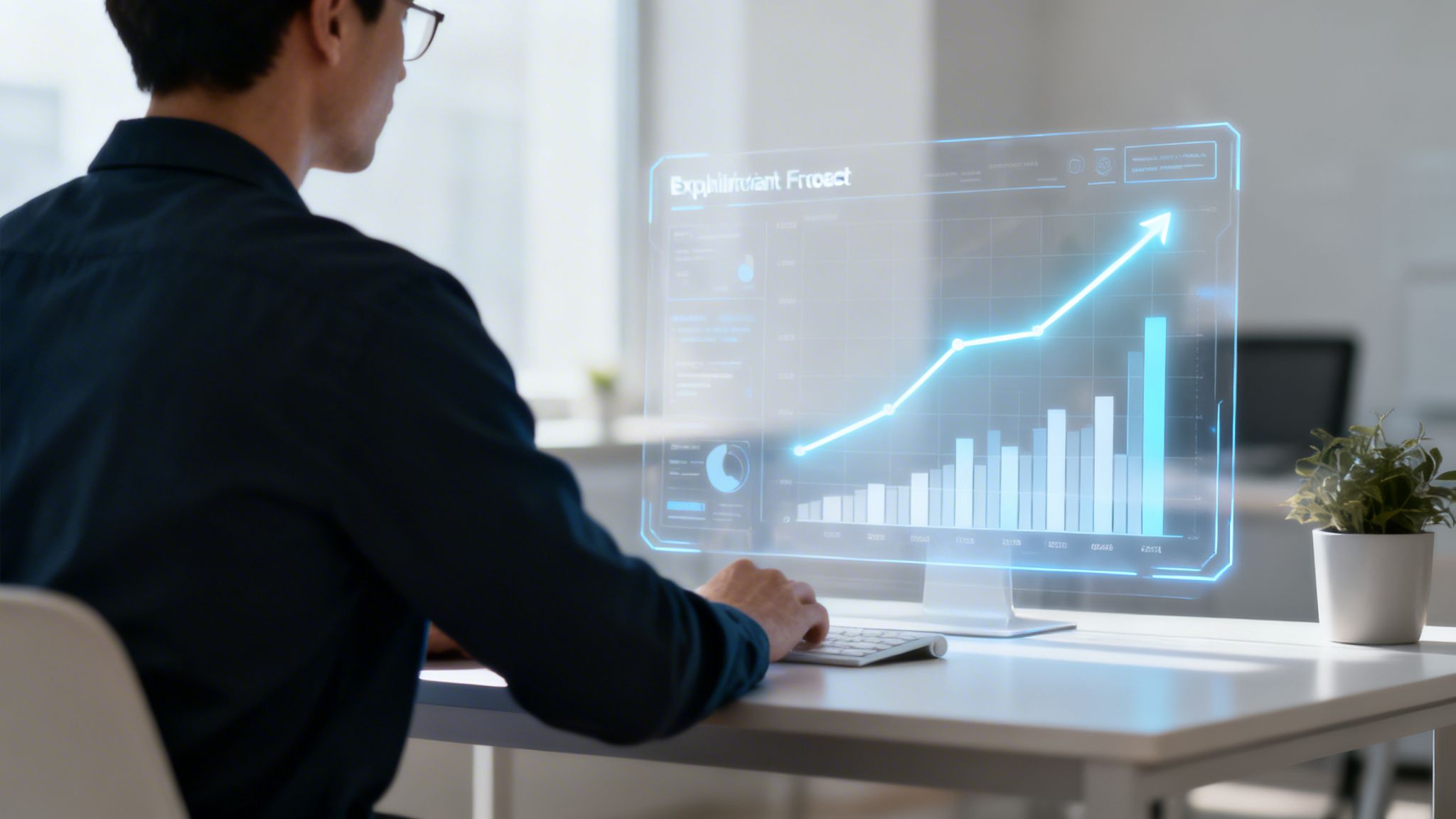 Un uomo esamina un display olografico che mostra dati di crescita e analisi finanziarie in ufficio.