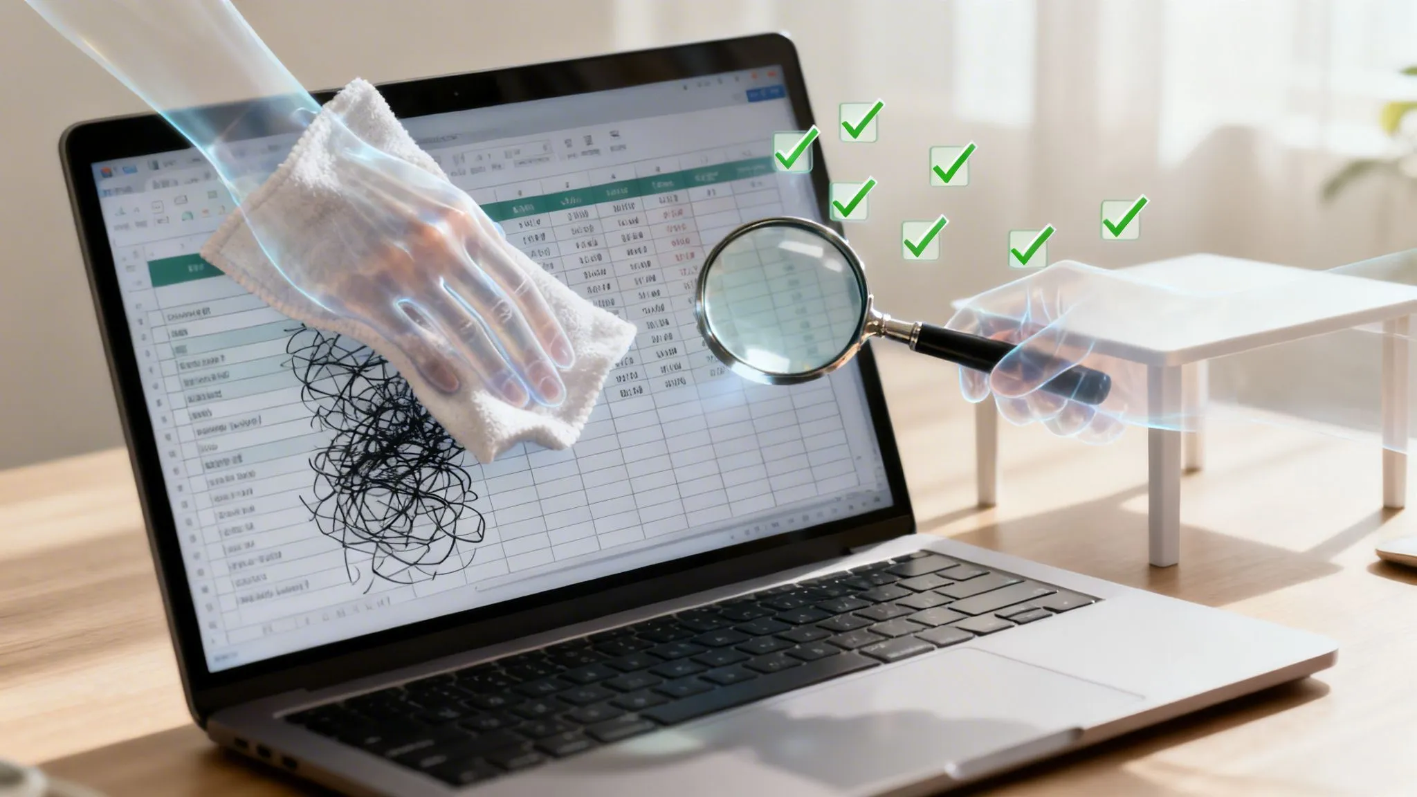 Mani trasparenti puliscono un foglio di calcolo su un laptop con lente d'ingrandimento e segni di spunta verdi, simboleggiando pulizia e analisi dei dati.