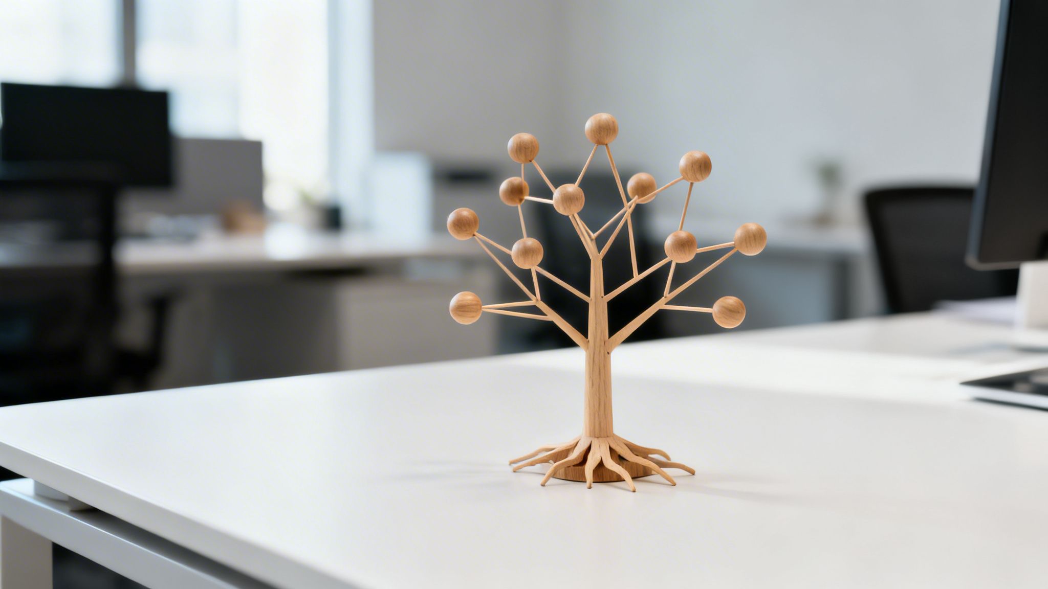 Un albero decorativo in legno con sfere che rappresentano nodi su una scrivania bianca in un moderno ufficio.